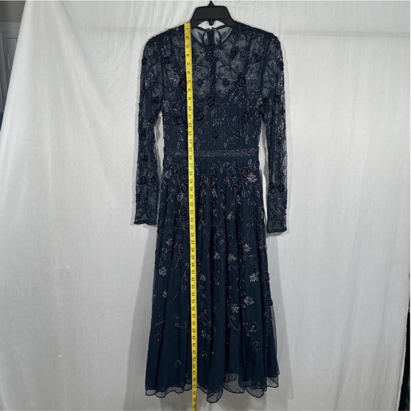 NEW $598 Mac Duggal [ 4‎ ] Beaded Floral Long Sleeve Midi Dress Navy Blue - Picture 3 of 13